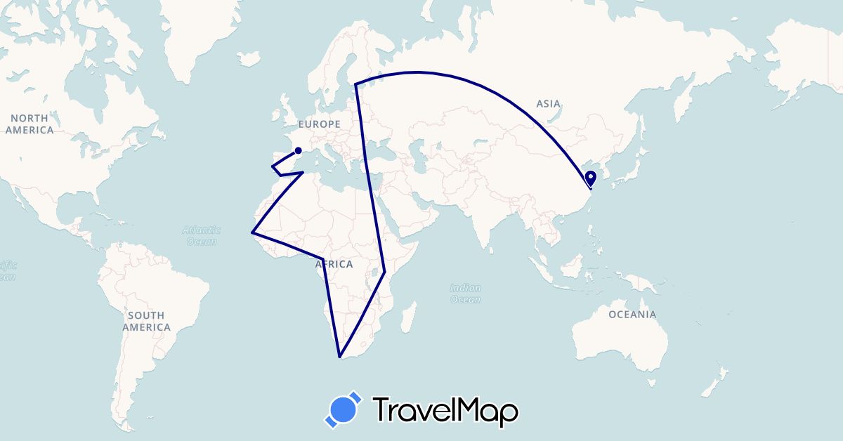TravelMap itinerary: driving in Cameroon, China, Algeria, Egypt, Finland, France, Kenya, Morocco, Portugal, Senegal, Turkey, South Africa (Africa, Asia, Europe)